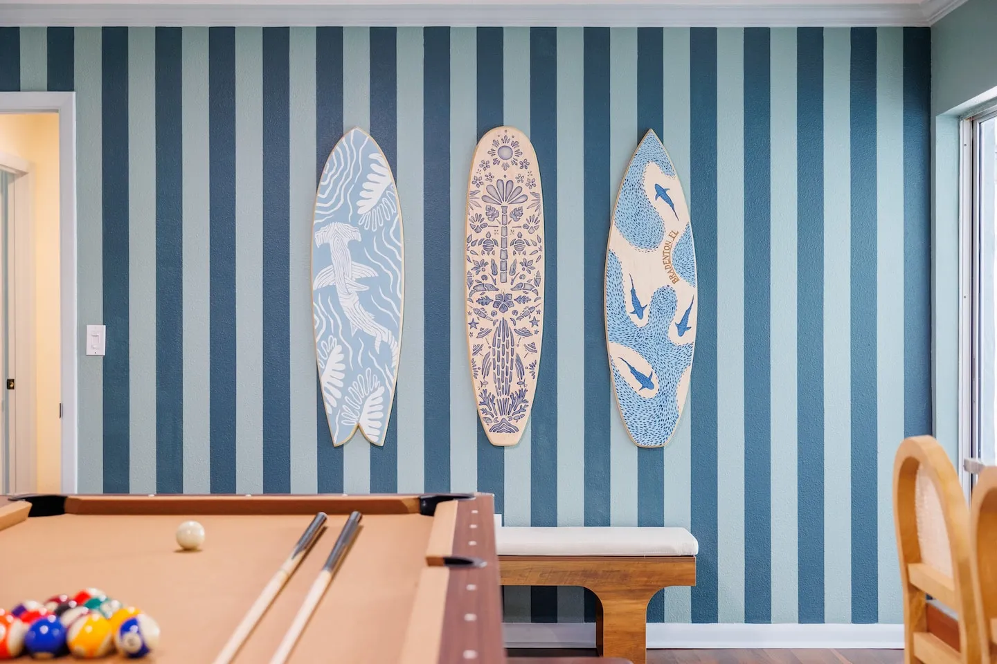 The Breezy Palm: hand-painted surfboard mural