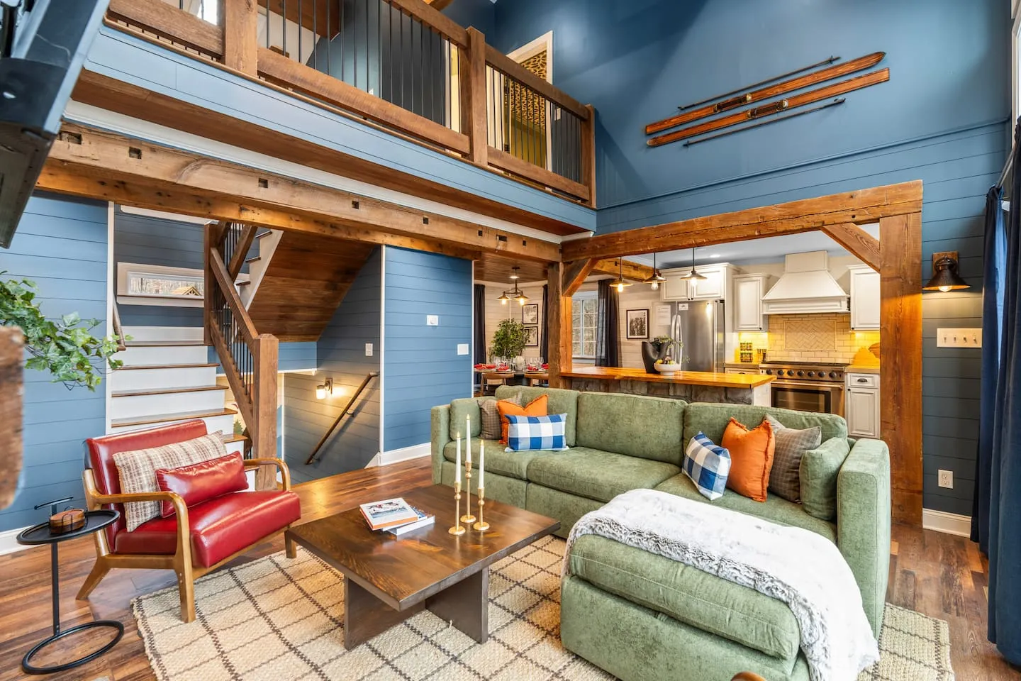 Honey Hollow: open living room with timber beams