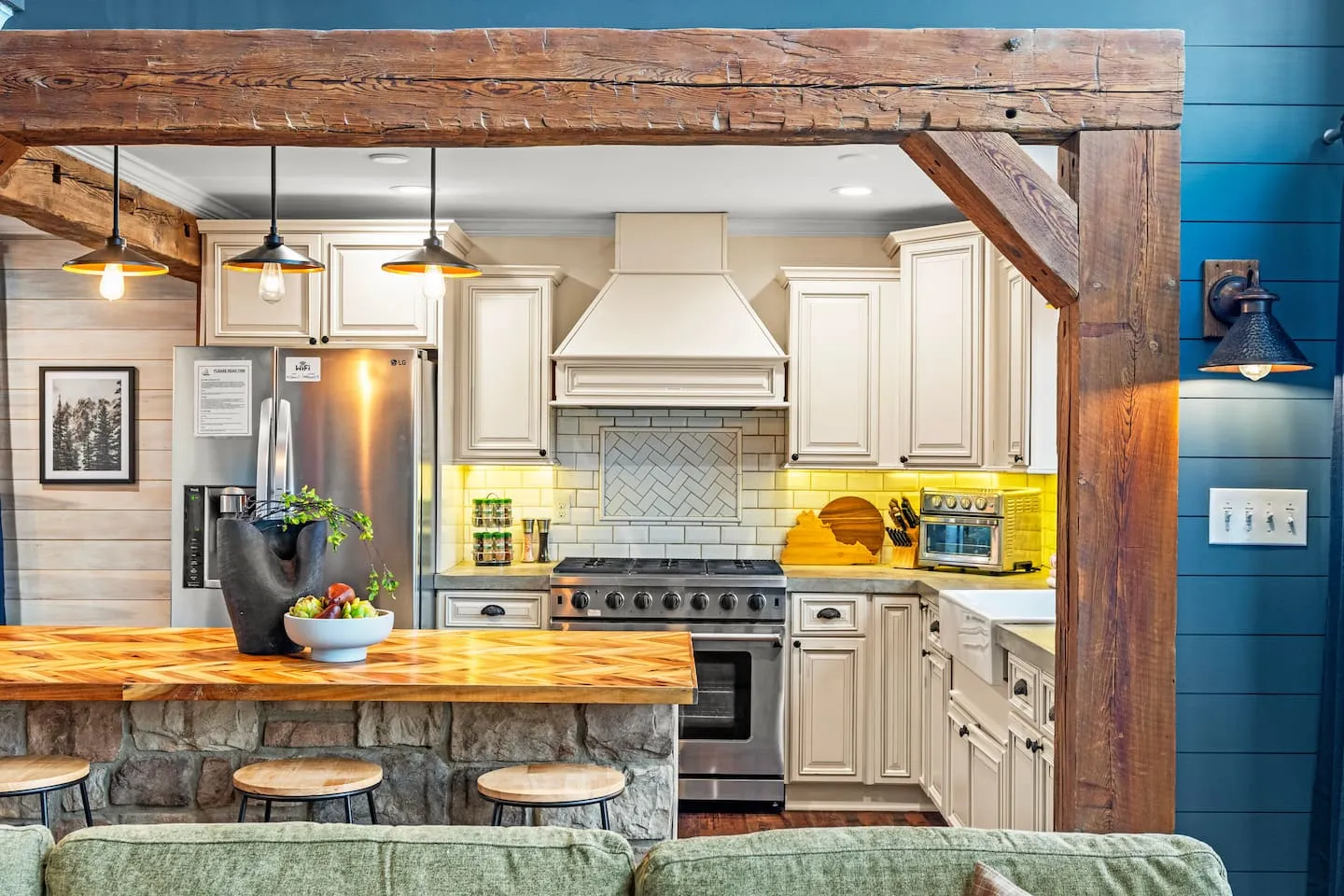 Honey Hollow: kitchen with statement range and island seating