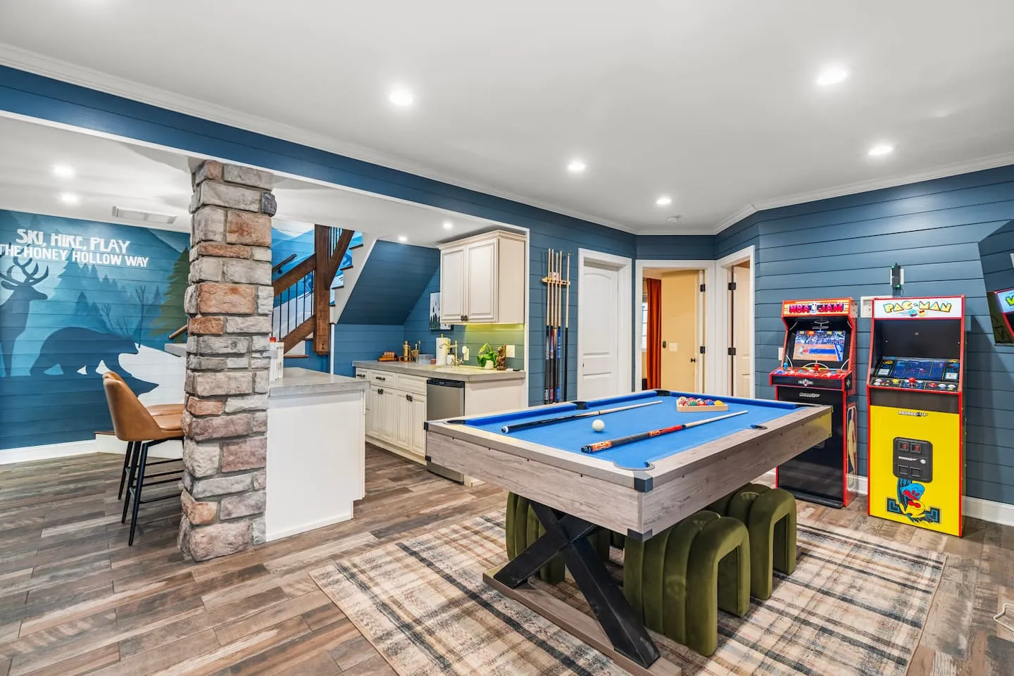 Honey Hollow: game room with pool table and arcade machines