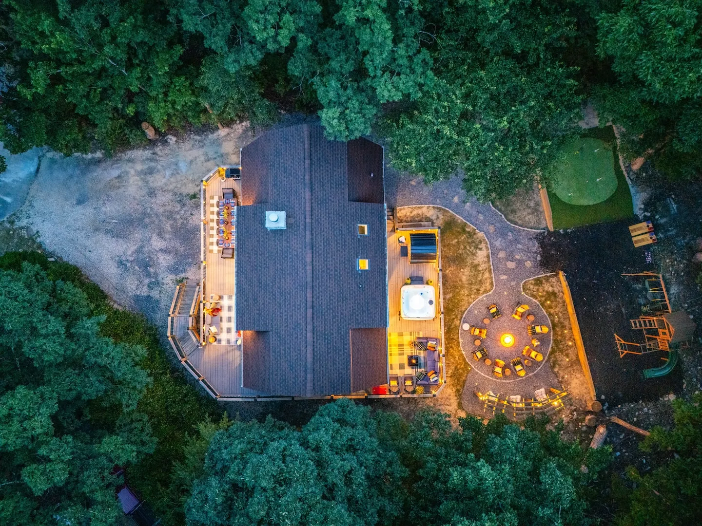Honey Hollow: aerial view of the home among the trees