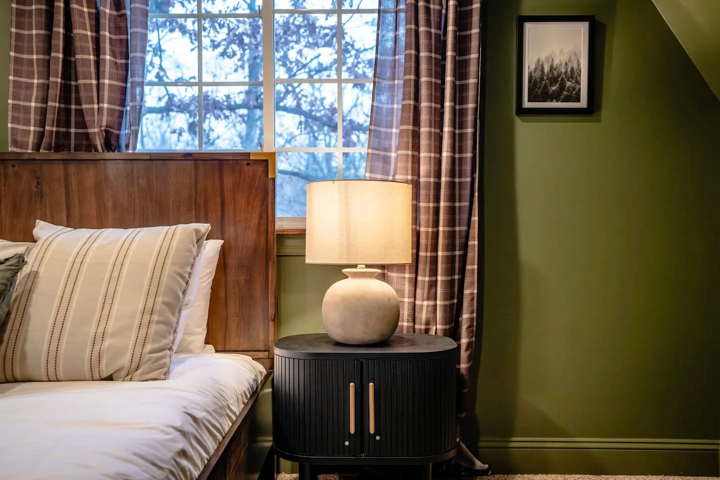 Honey Hollow: bedside lamp and nightstand detail