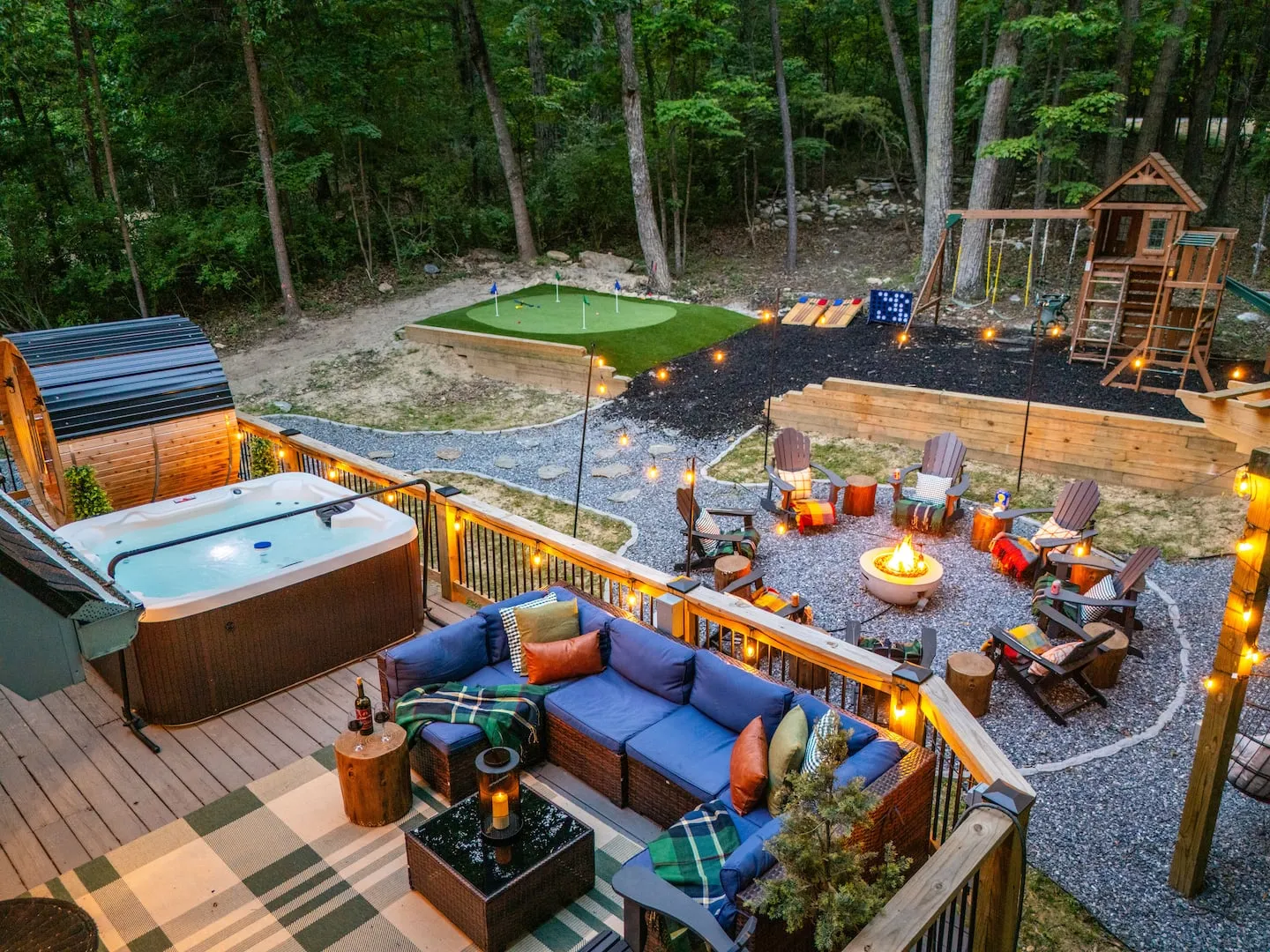 Honey Hollow: backyard lounge and fire pit from above